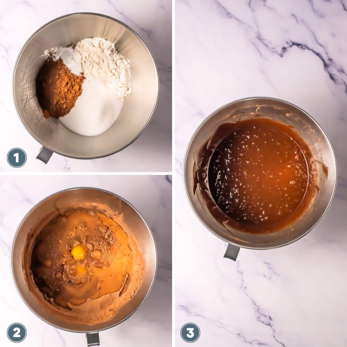 Three mixing bowls showing steps to make a chocolate batter on a marble countertop.