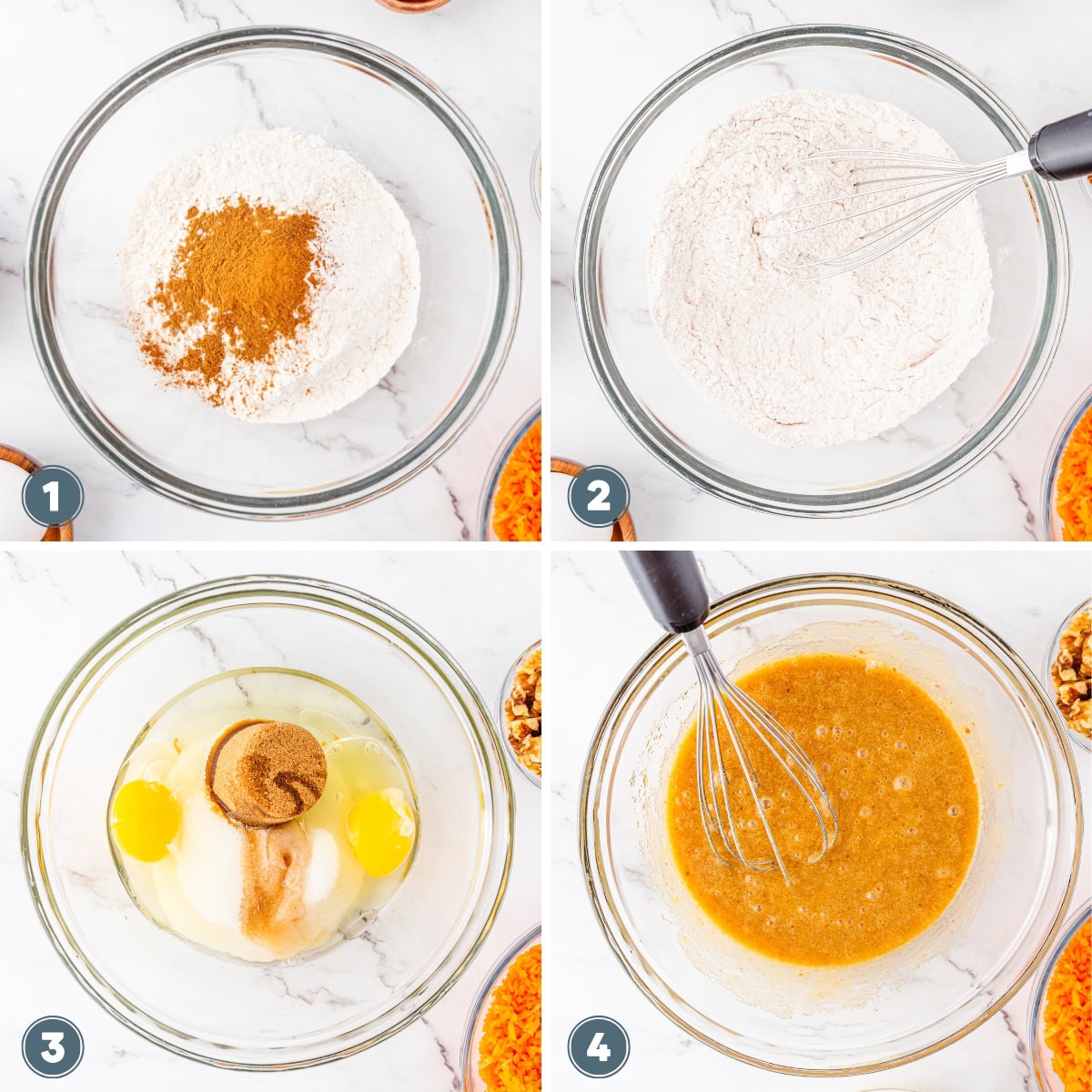 Mixing of dry and wet carrot cake ingredients in glass bowls.