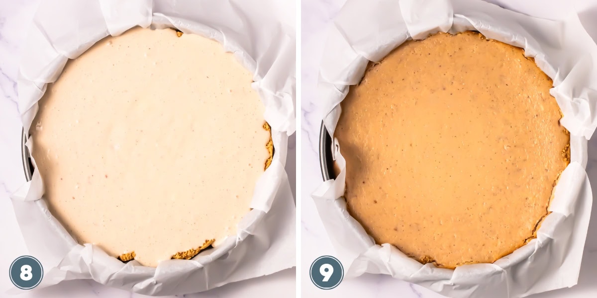 Two cheesecakes, one unbaked and one baked, in parchment-lined pans.