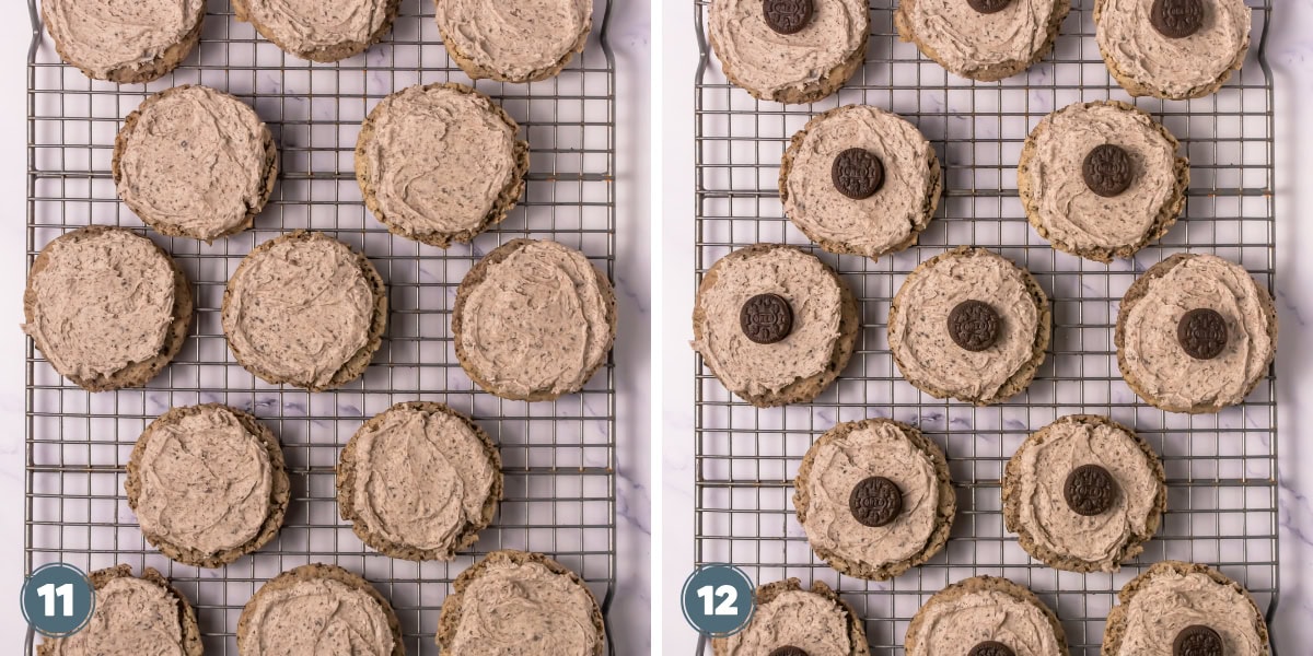 Cookies with frosting on cooling racks, some topped with mini chocolate cookies.