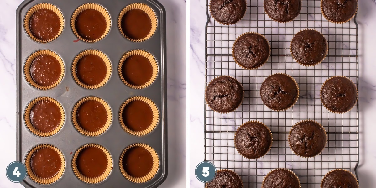 Chocolate batter in muffin tin, and baked chocolate muffins on cooling rack.