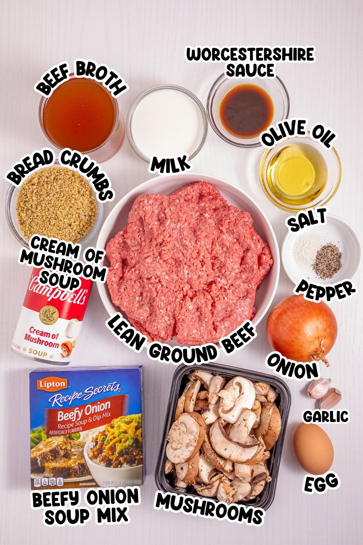 Ingredients for a beef dish, including ground beef, mushrooms, and seasonings.