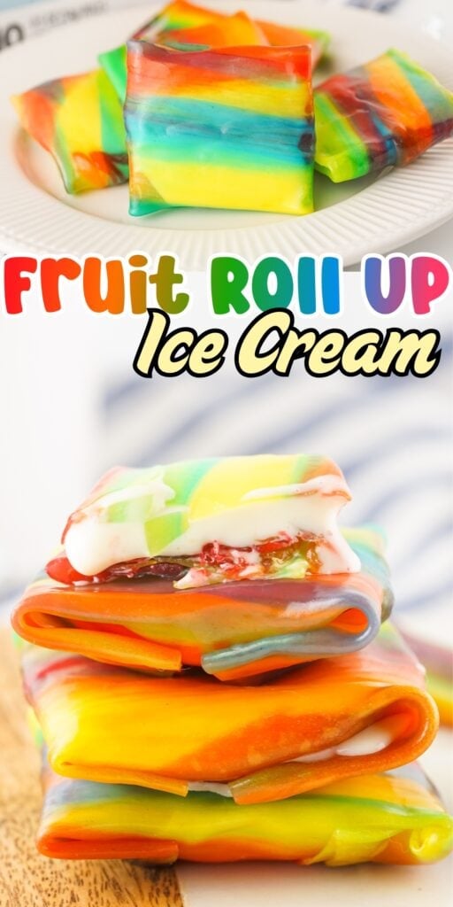 Fruit roll up ice cream and wrapped together, served on colorful plates.
