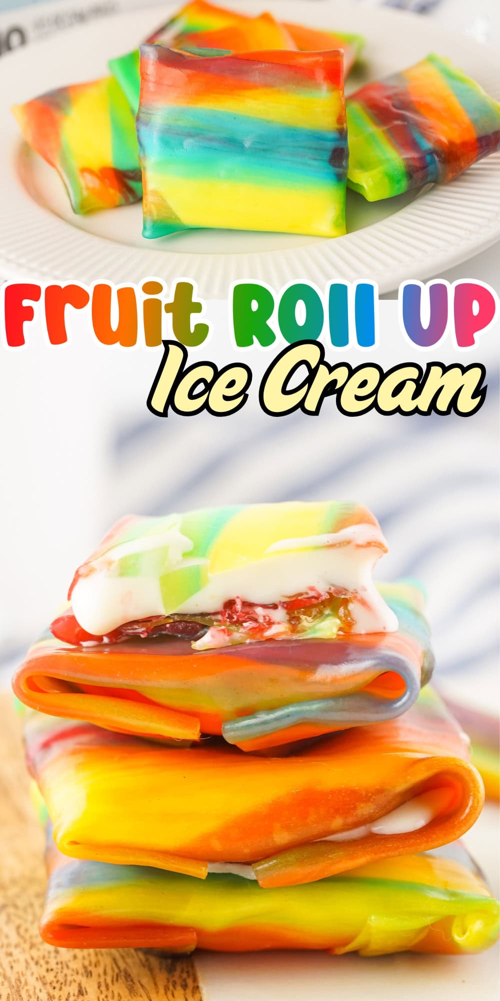 Colorful fruit roll-up ice cream sandwiches on a plate and wooden board.