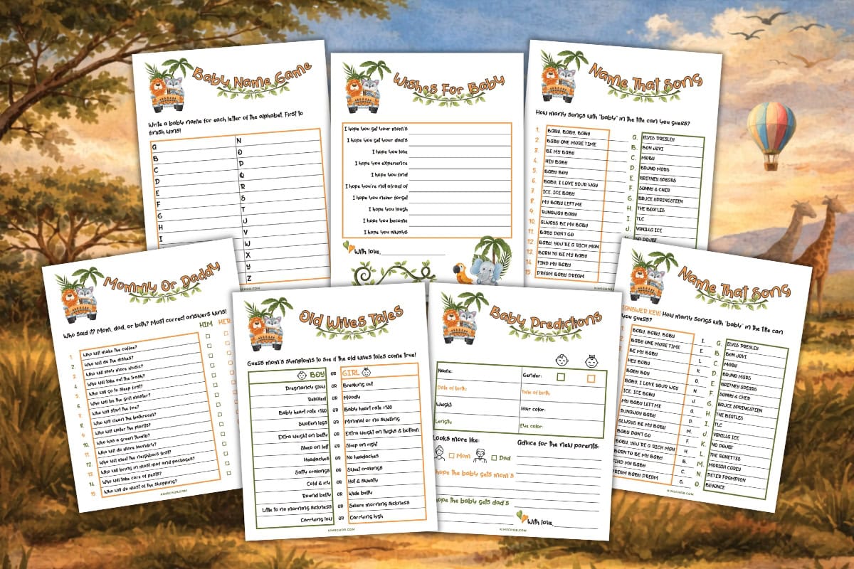 Seven jungle-themed printable baby shower game sheets displayed on a safari background.