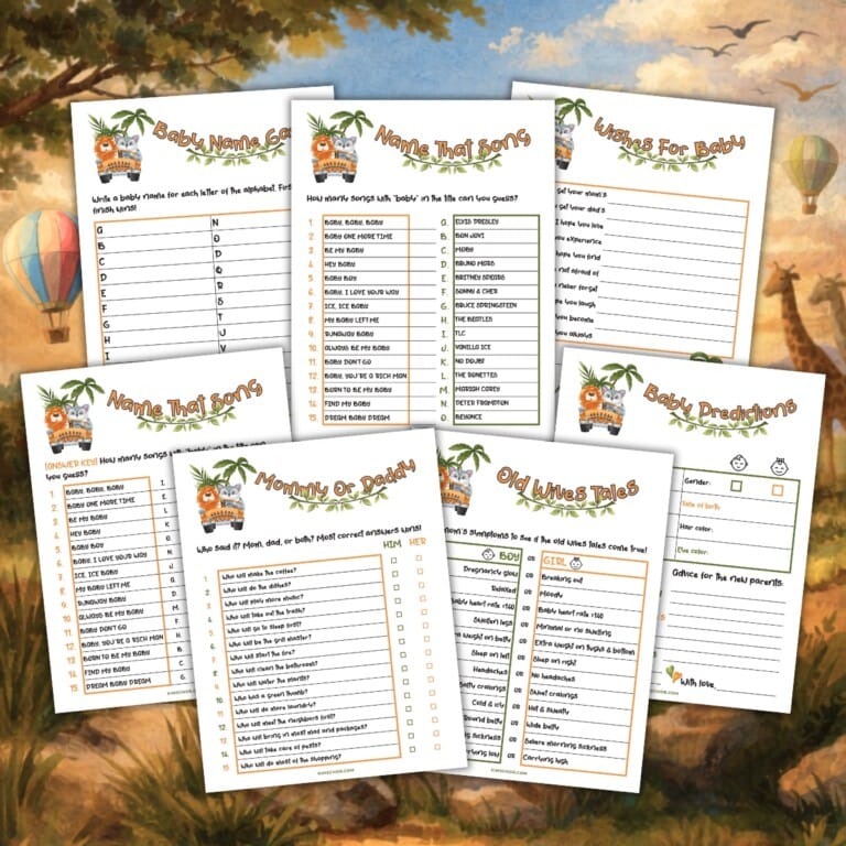 Jungle-themed baby shower game sheets arranged on a vintage balloon background.