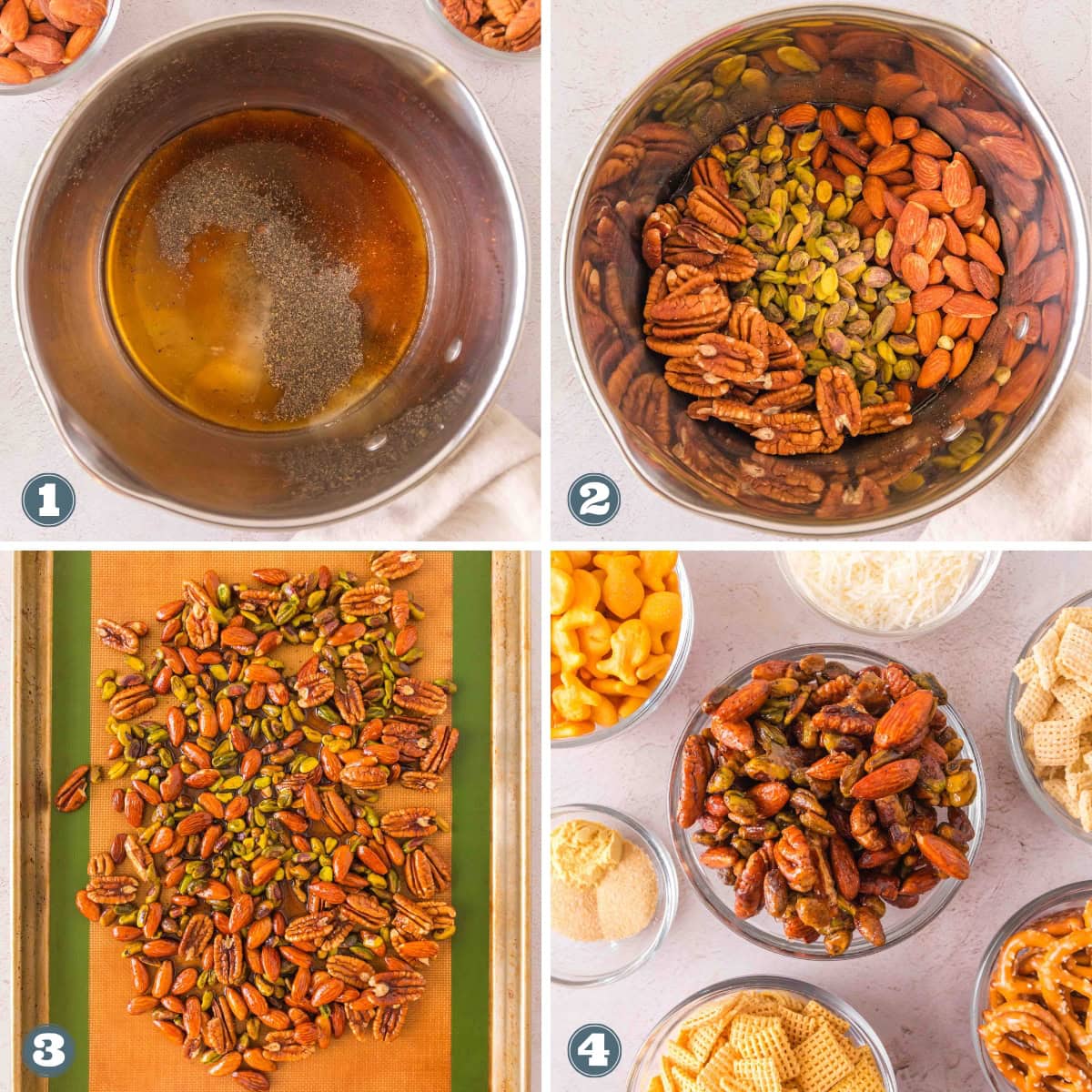 Nut and snack mix preparation shown in four numbered images.