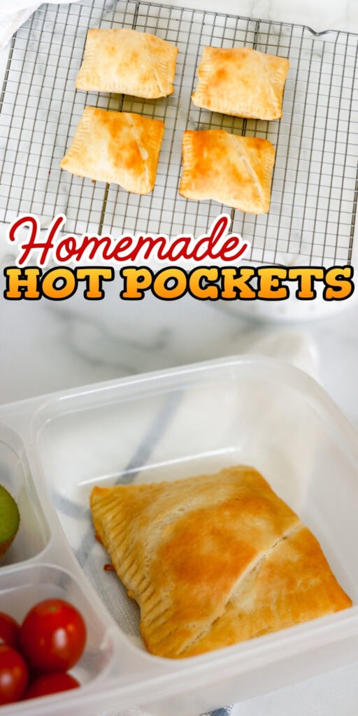 Four baked homemade hot pockets on a cooling rack and one packed in a lunchbox.