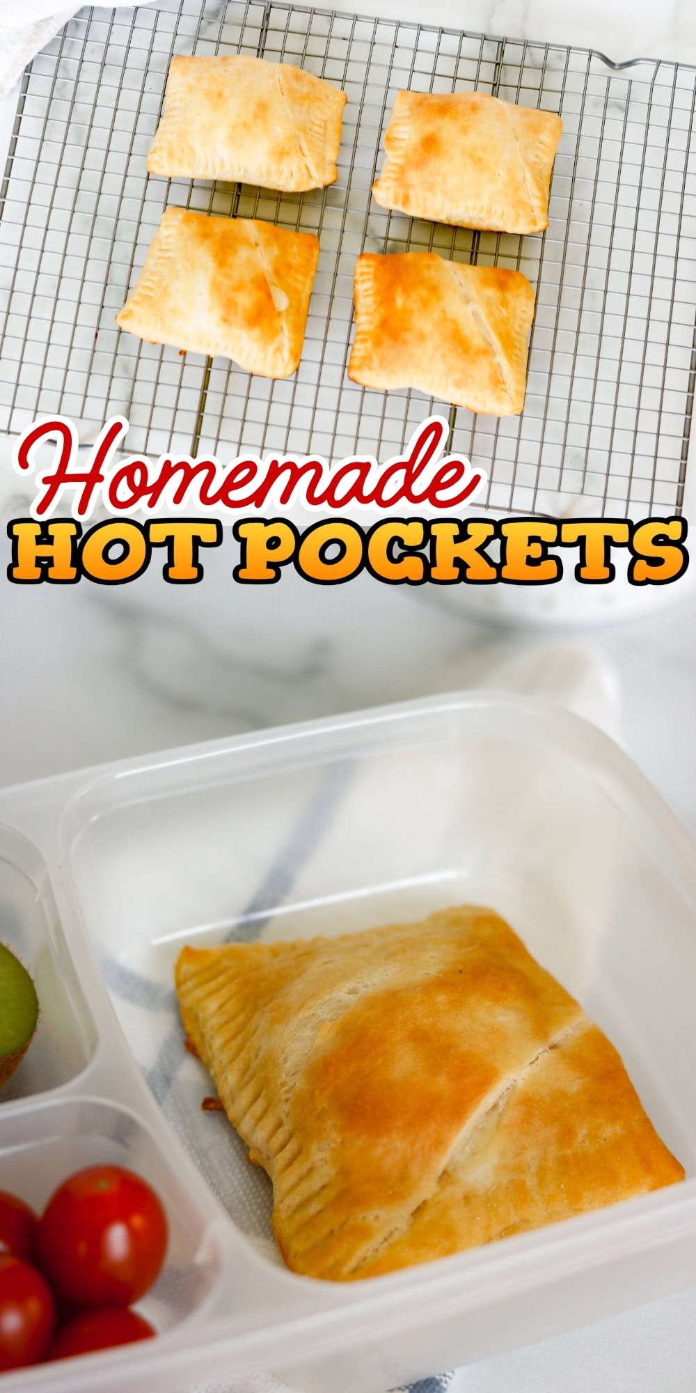 Four baked homemade hot pockets on a cooling rack and one packed in a lunchbox.