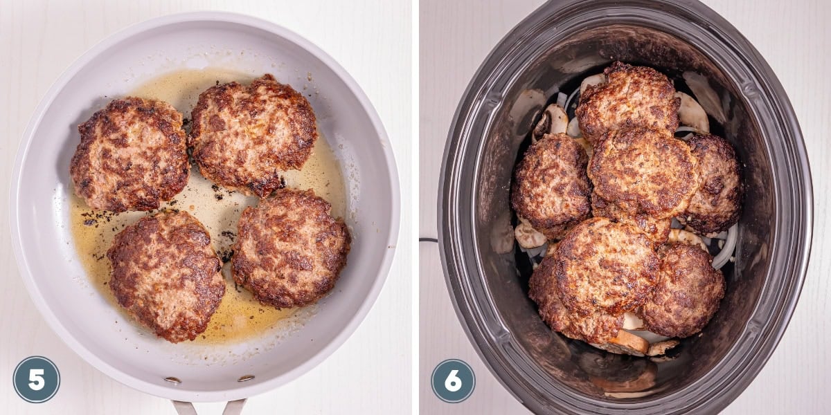 Four browned patties in a skillet; then layered in a slow cooker with mushrooms.