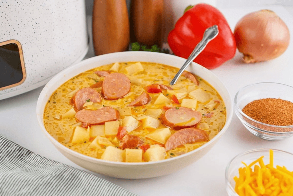 Bowl of sausage and potato soup with a spoon, surrounded by fresh ingredients.