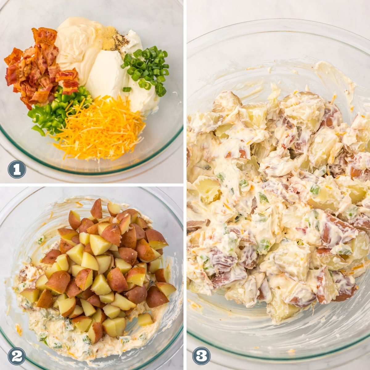 Potato salad: ingredients, potatoes added, and fully mixed in a bowl.