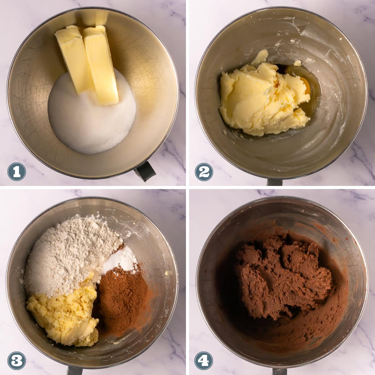 Chocolate cookie dough being mixed in a metal bowl.