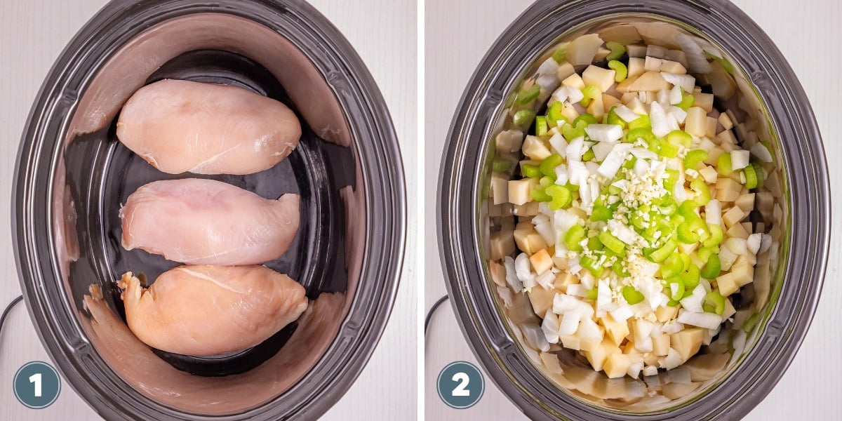 Raw chicken breasts in a slow cooker, and chopped veggies and potatoes on top.