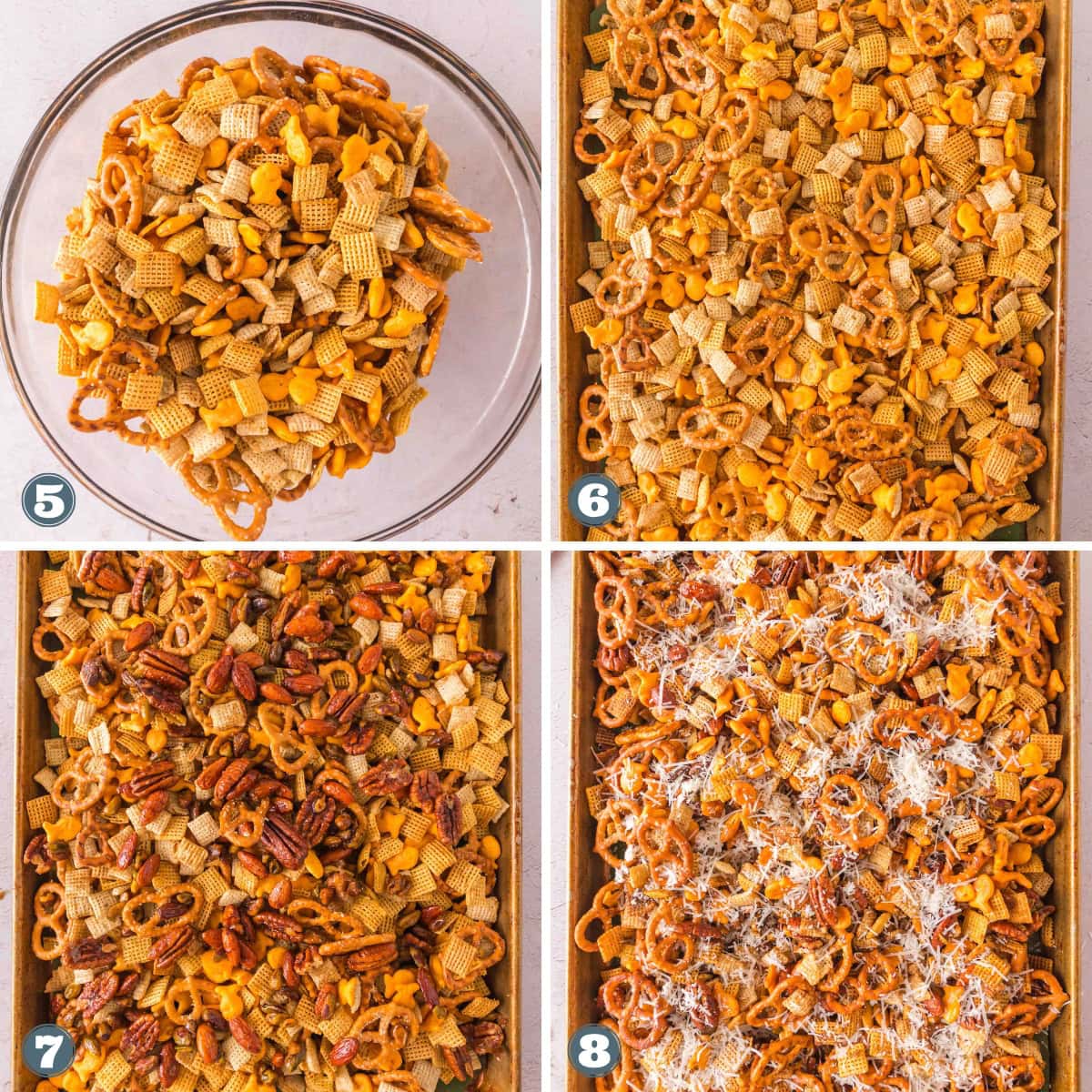 Snack mix preparation with Chex, pretzels, nuts, and cheese.