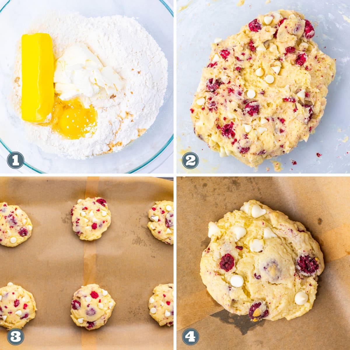 Making cookies, mixing, forming dough, shaping, and baking with berries.