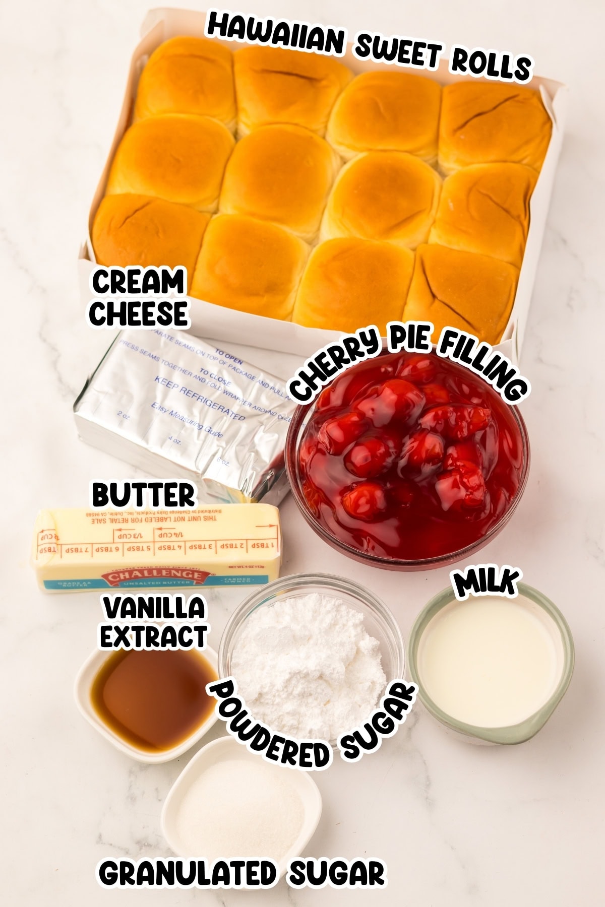 Ingredients for a dessert: Hawaiian rolls, cream cheese, cherry pie filling, and more.