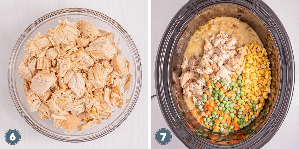 Shredded chicken in a bowl, and chicken, corn, peas, and carrots in a slow cooker.
