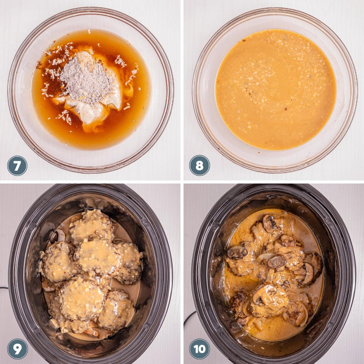 A sauce is mixed, poured over meat in a slow cooker, then topped with mushrooms.