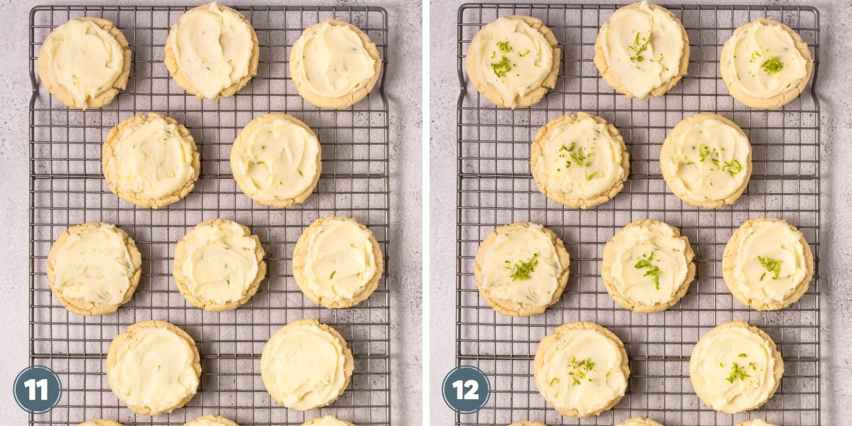 Two racks of frosted cookies; one with plain frosting, one with green zest on top.