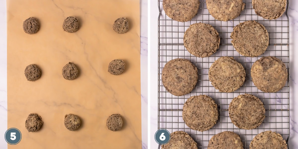 Cookie dough balls on parchment paper and baked cookies on a cooling rack.