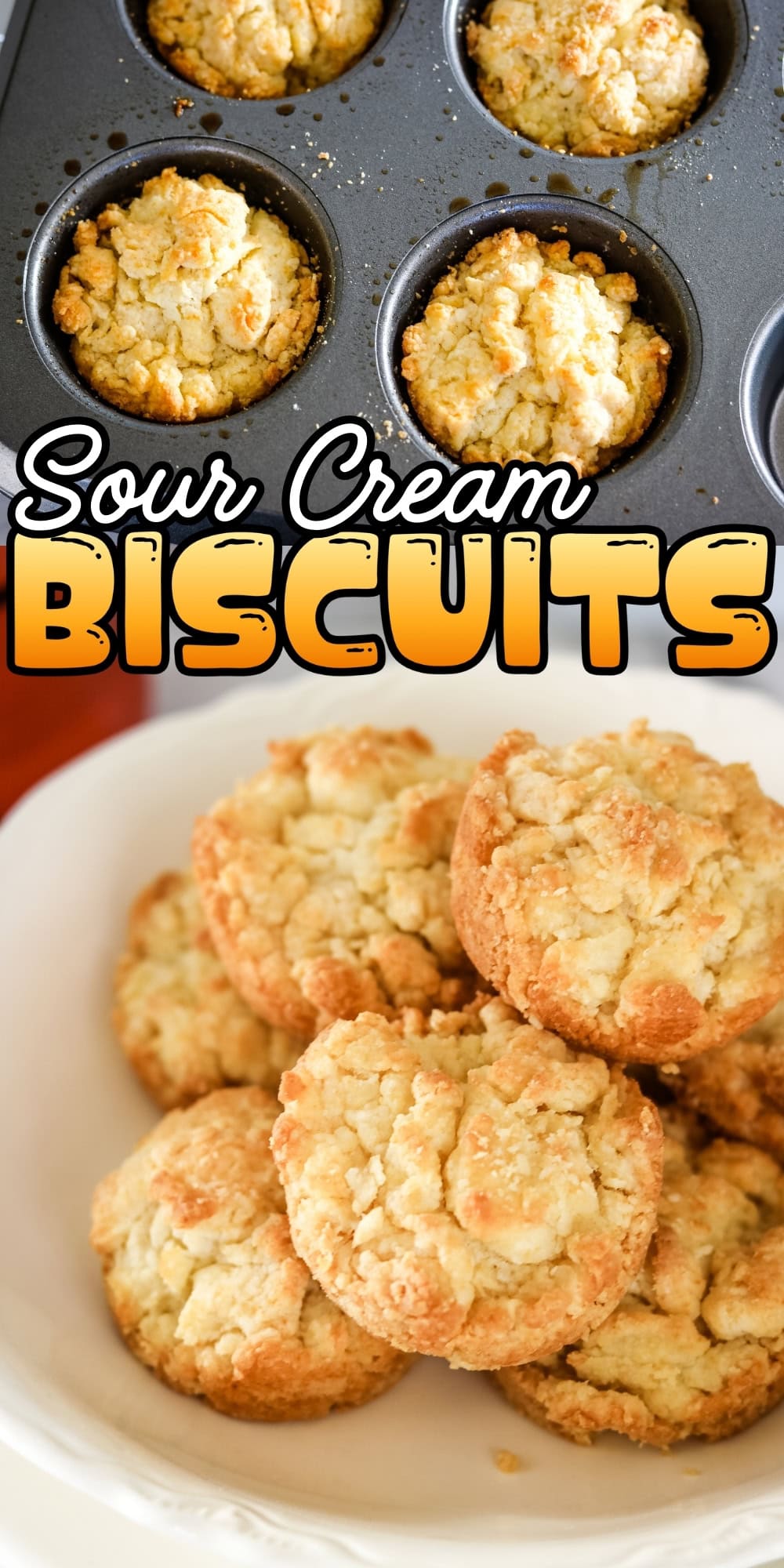 Golden sour cream biscuits in a muffin tin and served on a white plate.