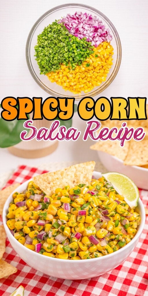 A bowl of spicy corn salsa with tortilla chips and a lime wedge on the side.