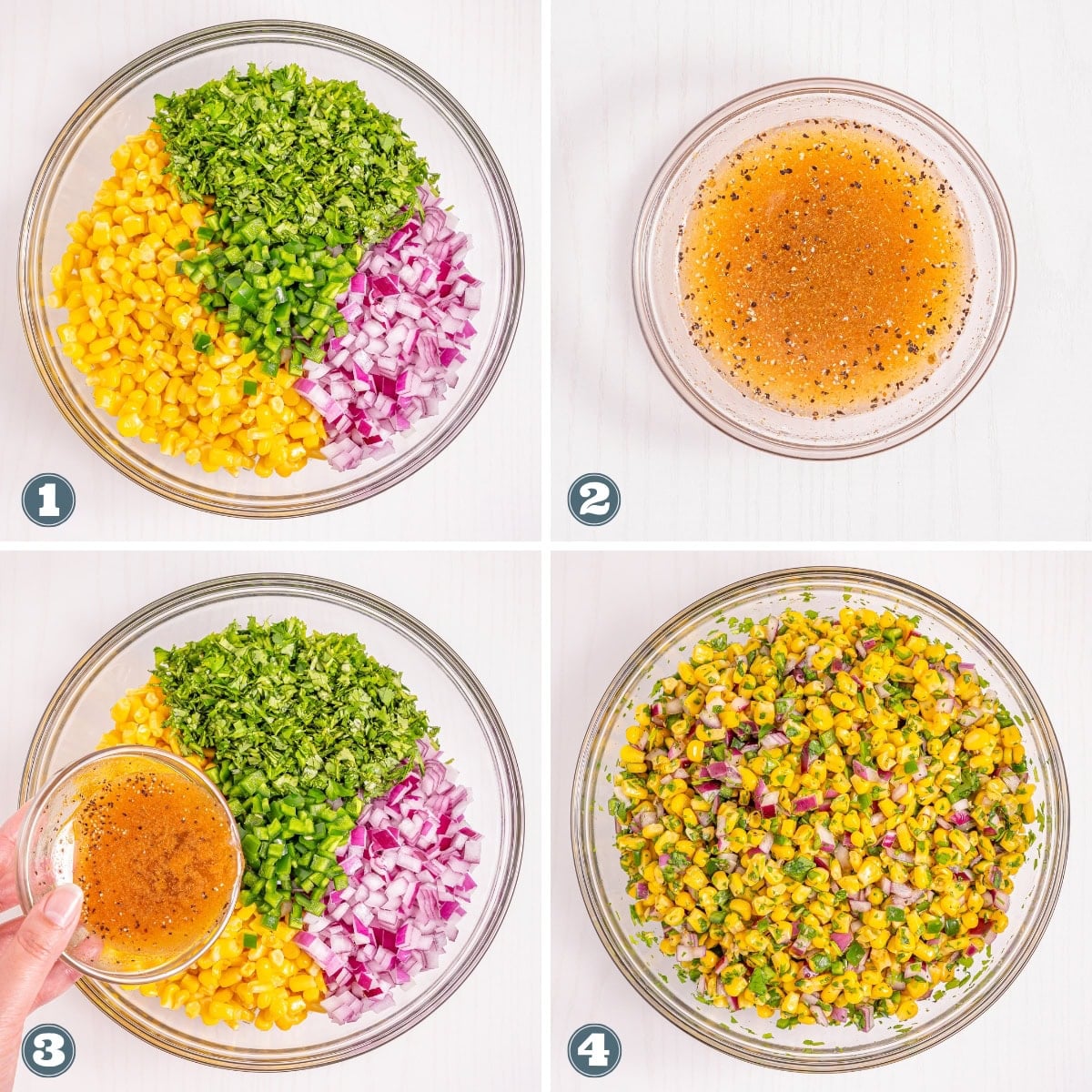 Corn, herbs, onion, dressing, and mixed corn salad in bowls.