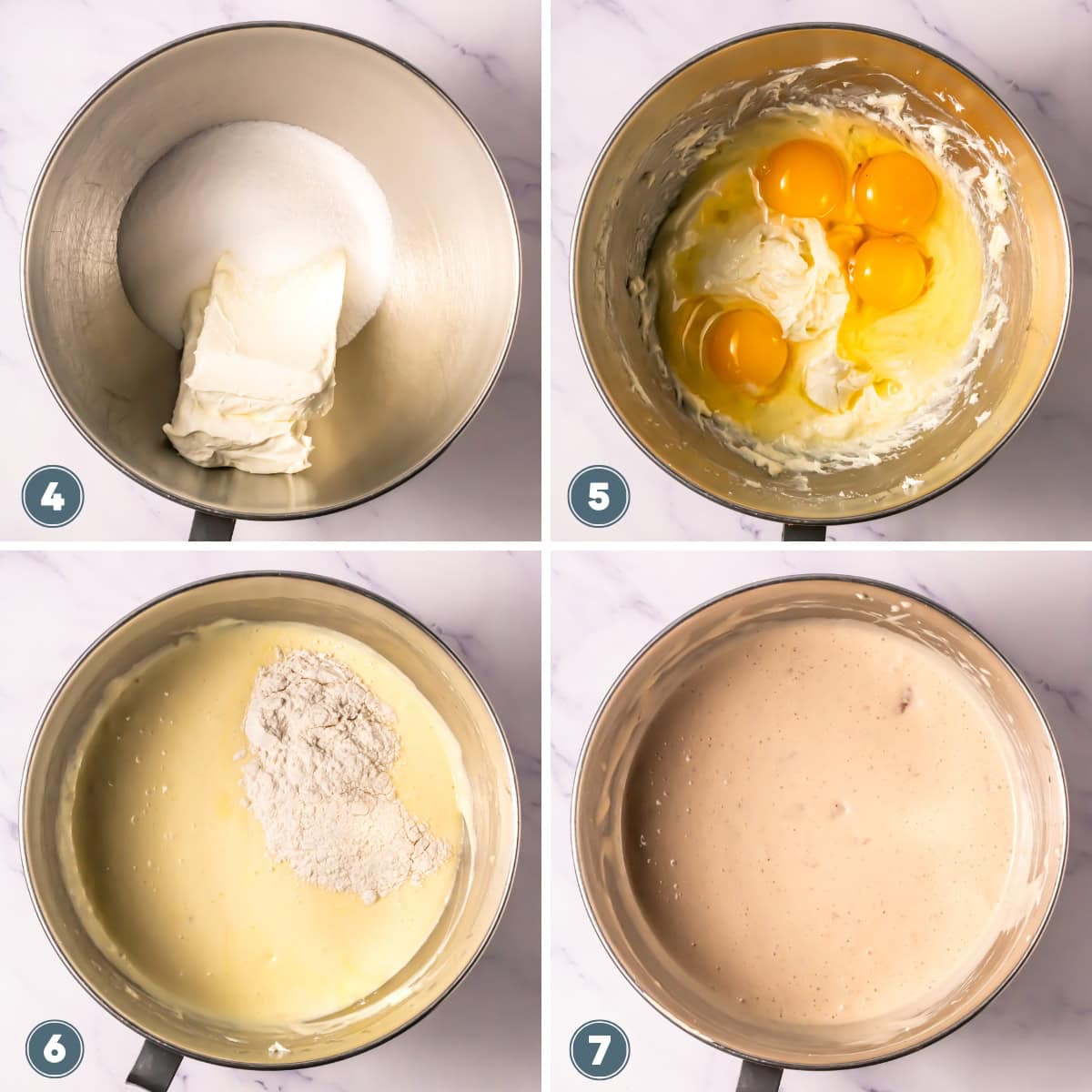 Four mixing bowls with cheesecake batter at different stages of preparation.