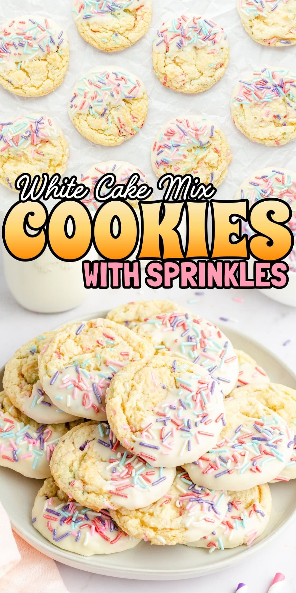 A plate of white cake mix cookies topped with colorful sprinkles.