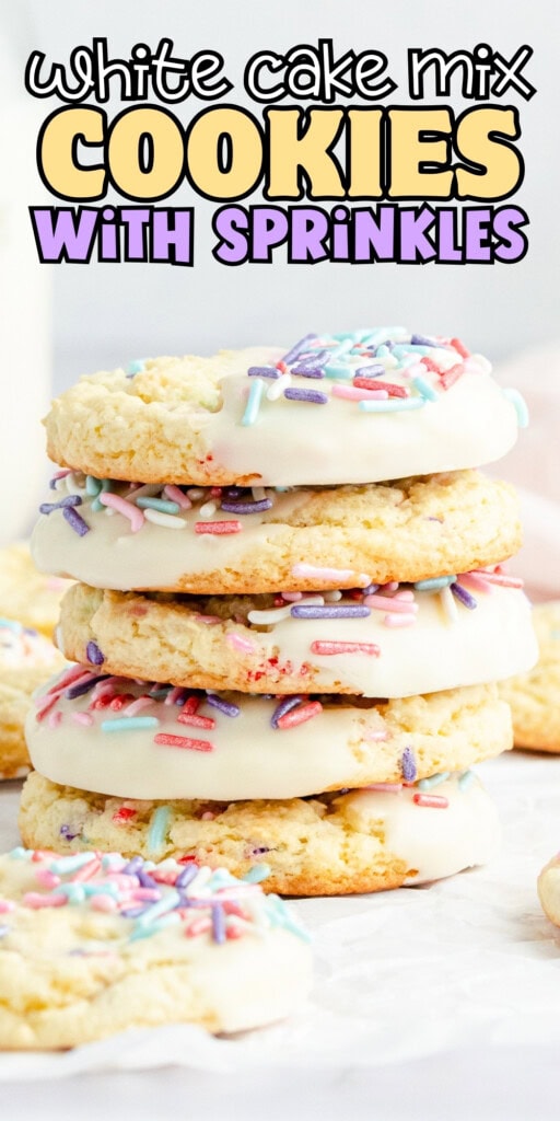 Stack of white cake mix cookies with white icing and colorful sprinkles on top.