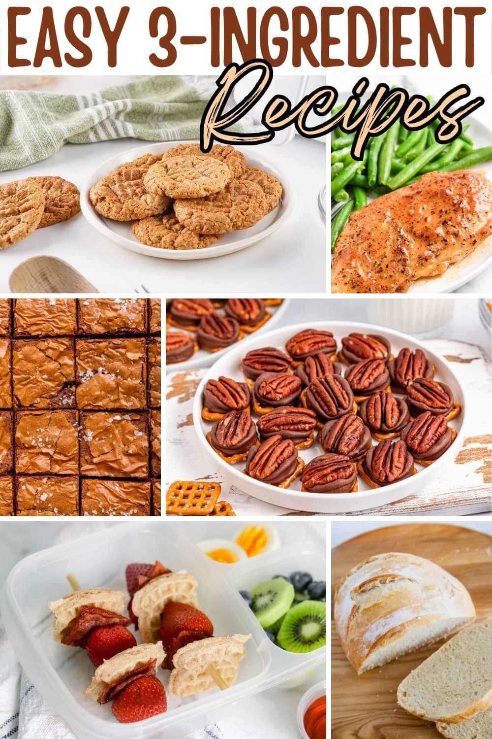 Easy 3-ingredient recipes, including baked goods and main dishes.