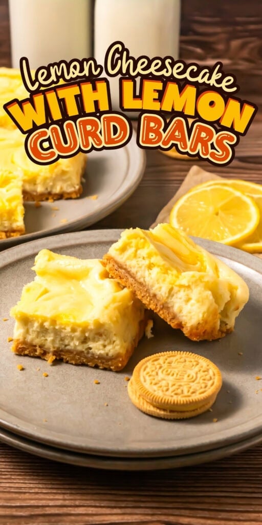 Lemon cheesecake bars on plates with a lemon slice and cookie nearby.