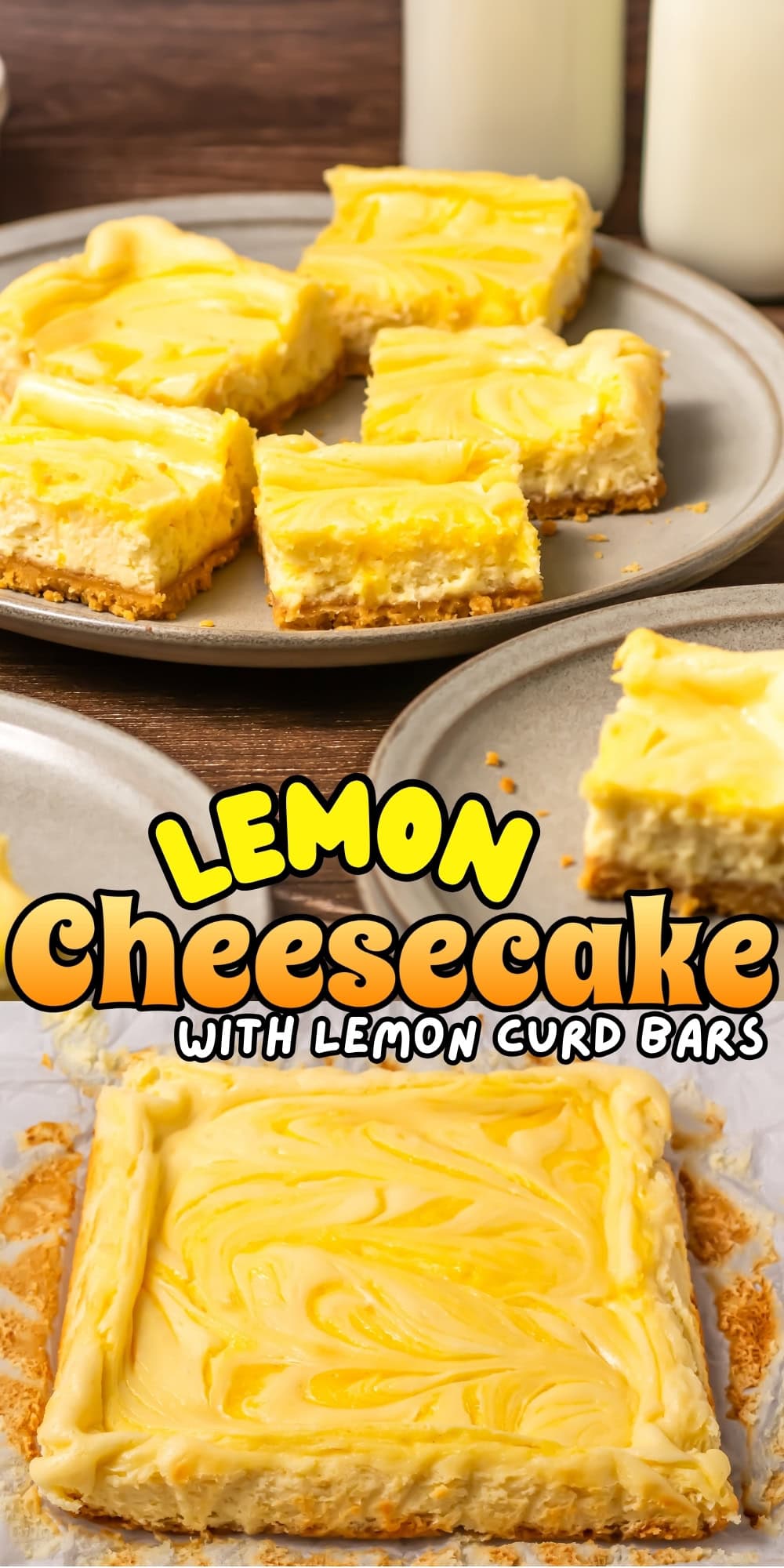 Lemon cheesecake bars with swirls of lemon curd on plates and in a baking pan.