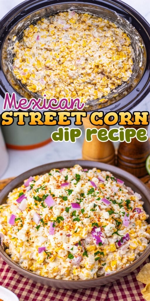 Mexican street corn dip in a slow cooker and served in a bowl with toppings.