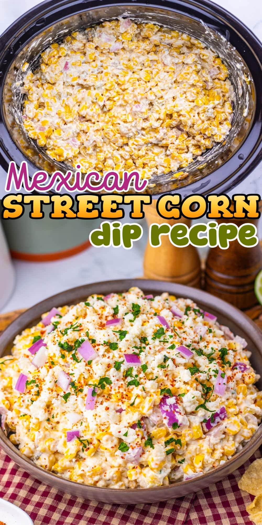 Mexican street corn dip in a slow cooker and served in a bowl with toppings.