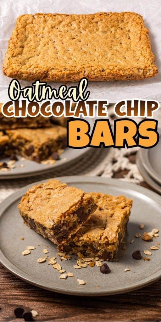 Oatmeal chocolate chip bars on plates with oats and chocolate chips scattered around.