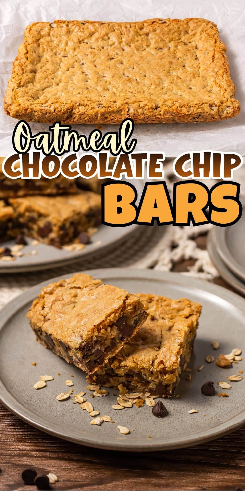 Oatmeal chocolate chip bars on plates with oats and chocolate chips scattered around.