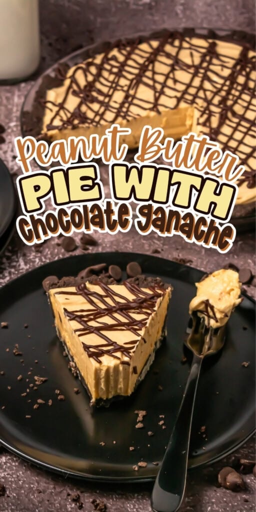 Slice of peanut butter pie with chocolate ganache on a black plate.