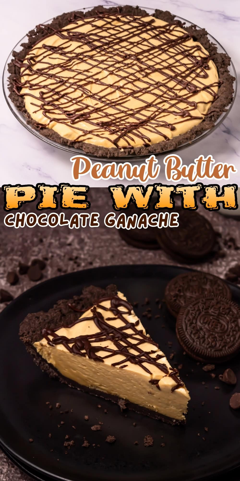 Peanut butter pie with chocolate ganache drizzle, whole and sliced on plates.