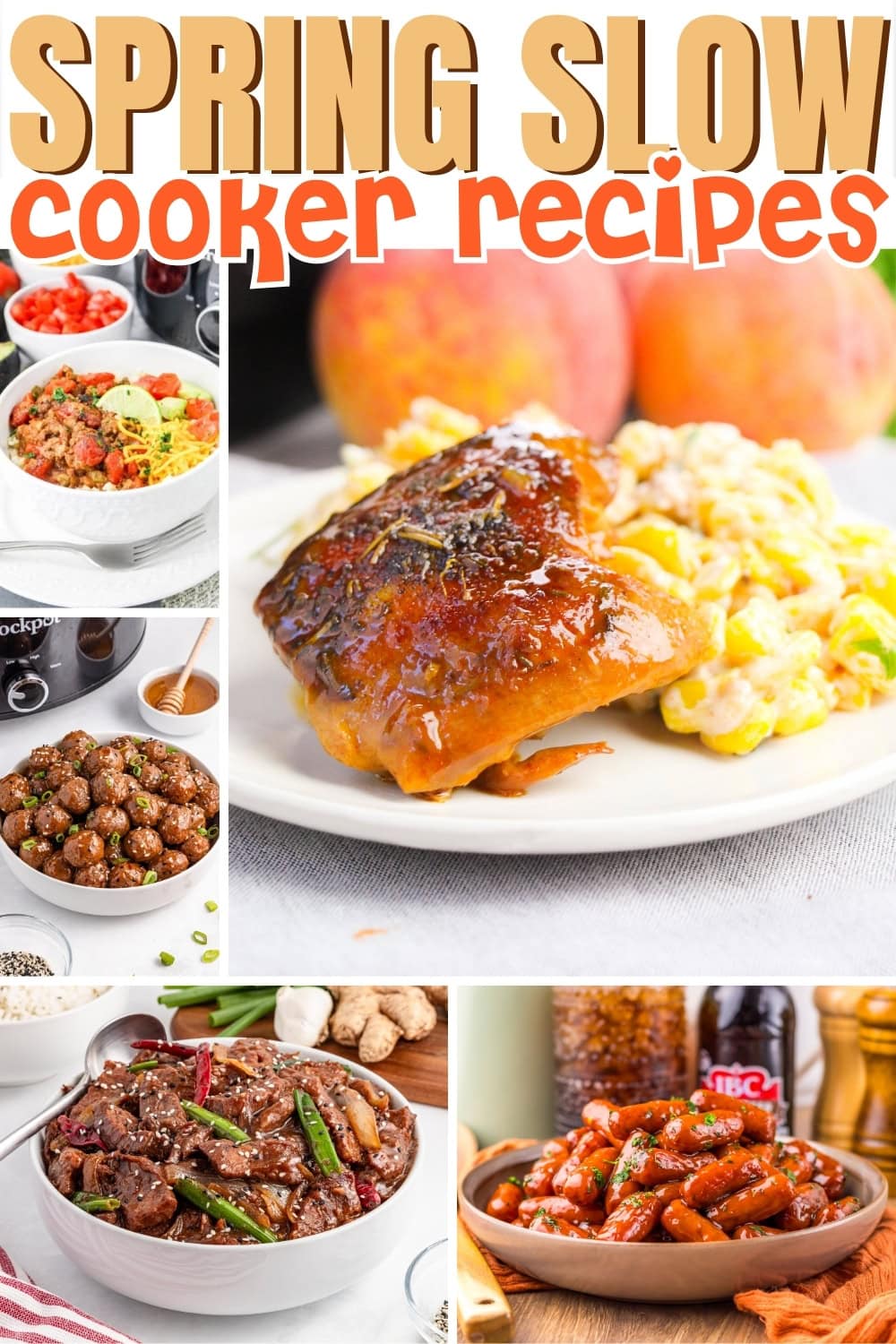 Various spring slow cooker meals, including meats, stews, and veggies.