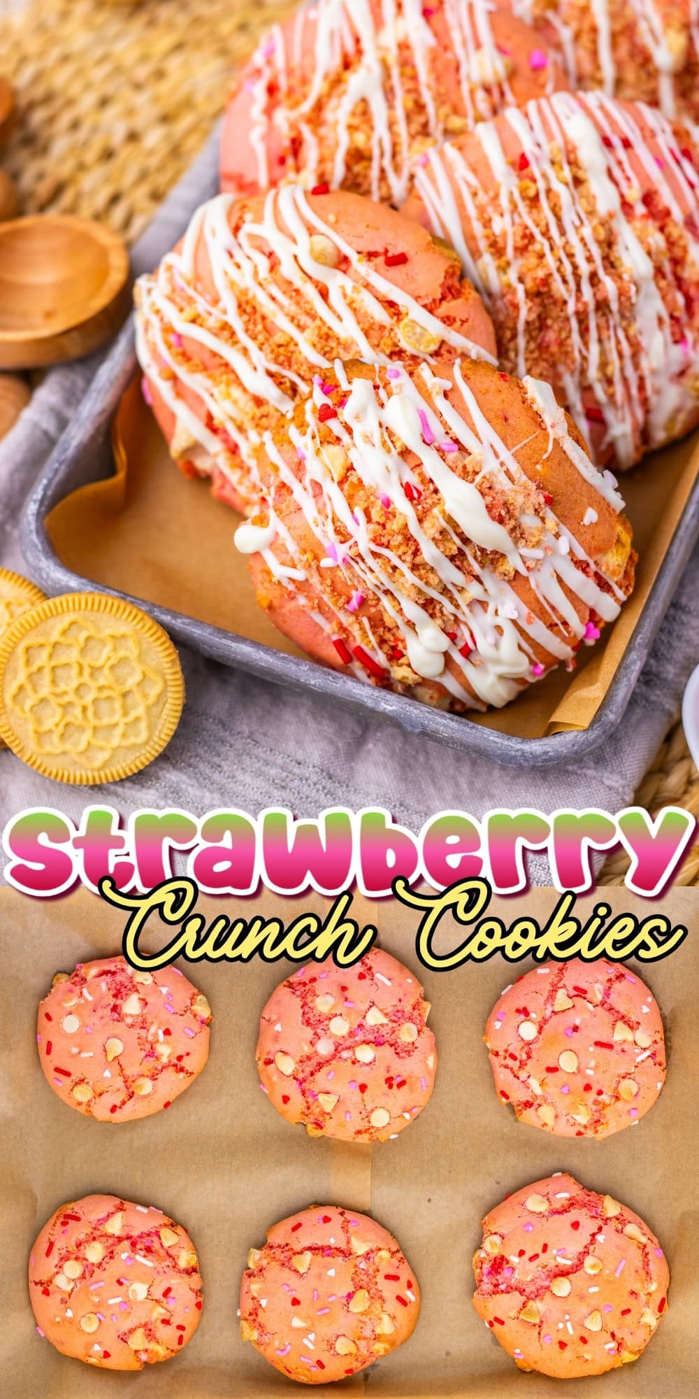 Strawberry cookies with white drizzle and sprinkles, arranged on parchment paper.