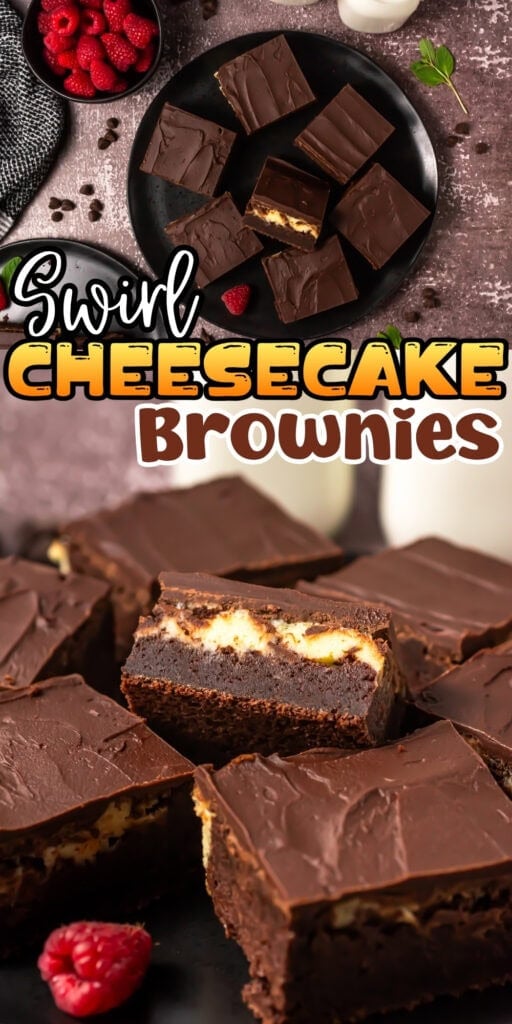 Chocolate brownies with cheesecake swirls stacked on a plate, with raspberries.