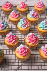 Vanilla cupcakes with pink and blue swirled frosting on a cooling rack.