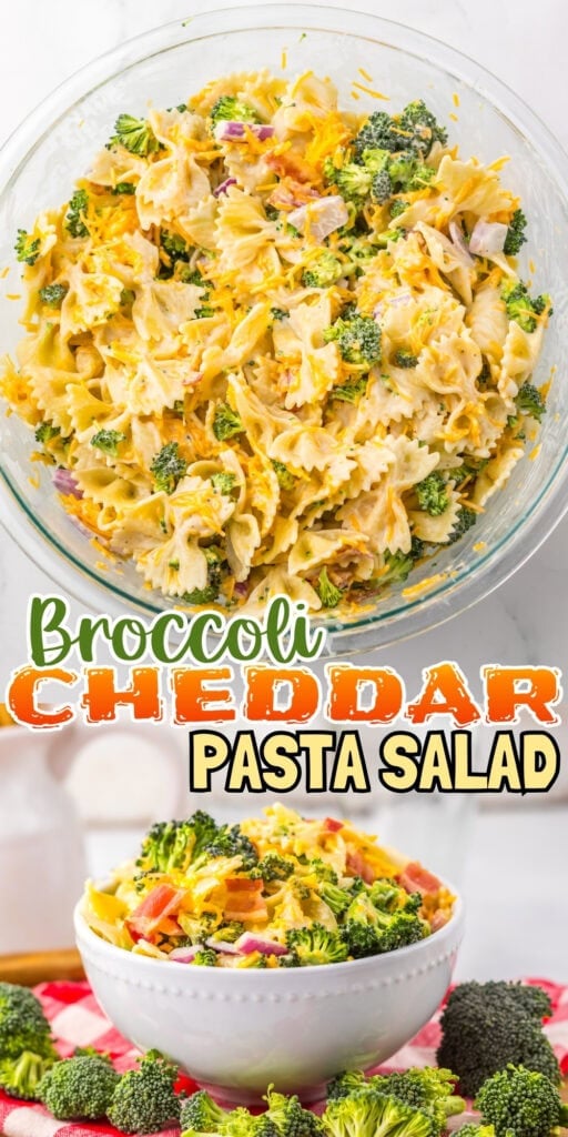 Broccoli cheddar pasta salad with bowtie pasta in a glass bowl and a serving bowl.