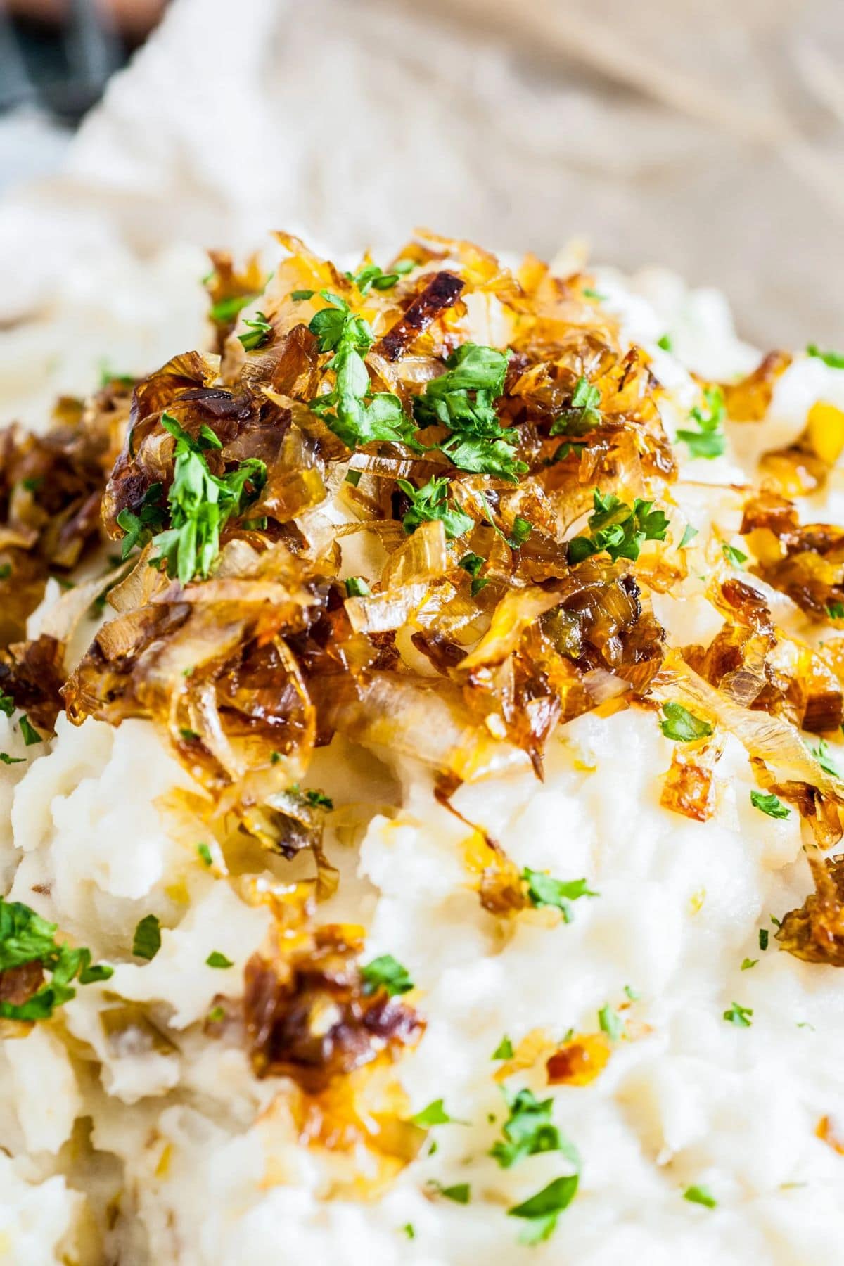 Mashed potatoes with caramelized onions, parsley&mdash;perfect for spring vegetable recipes.