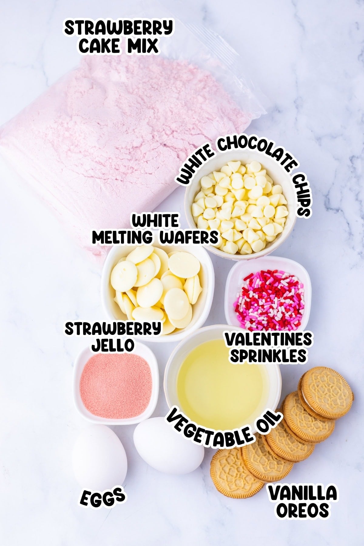 Strawberry cake mix, white chips, sprinkles, jello, oil, eggs, and Oreos.