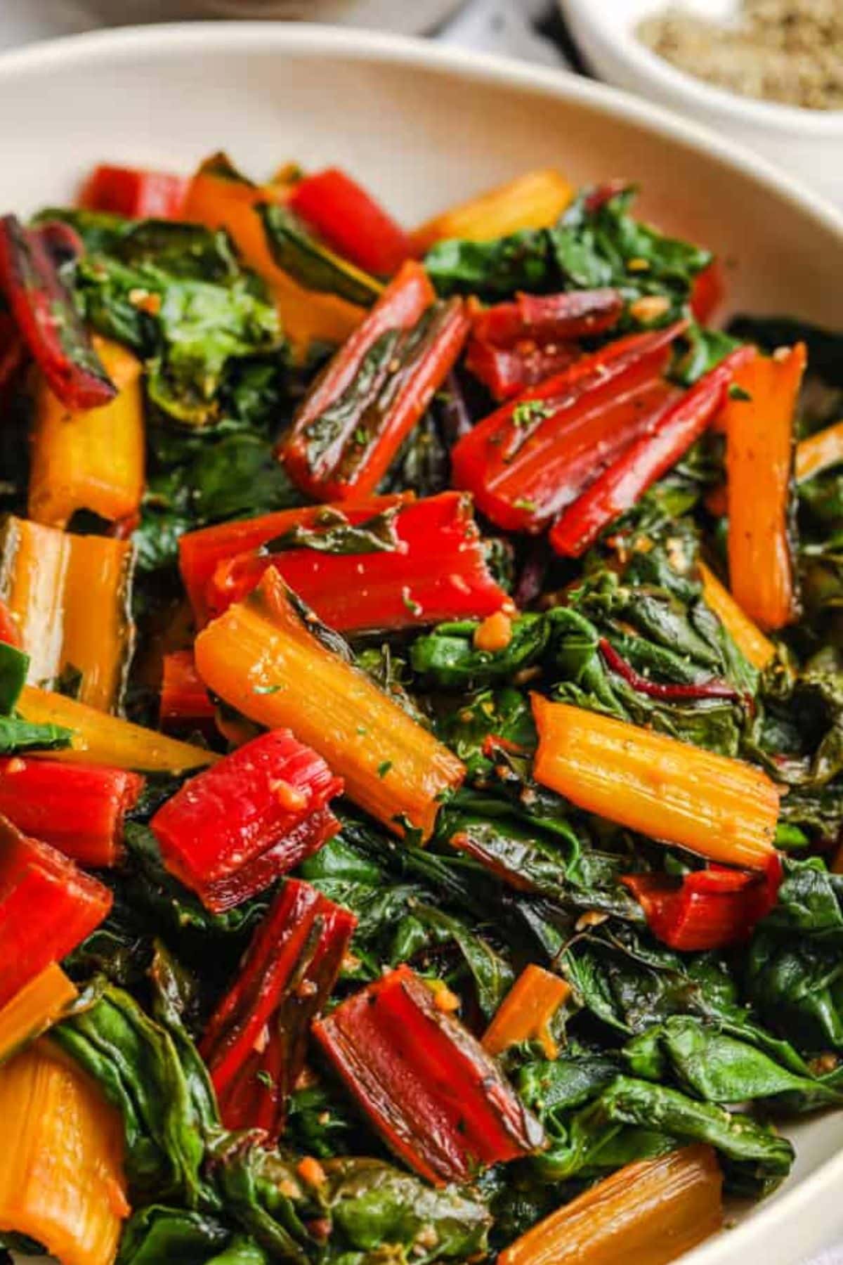 Saut&eacute;ed rainbow Swiss chard, perfect for colorful spring vegetable recipes.
