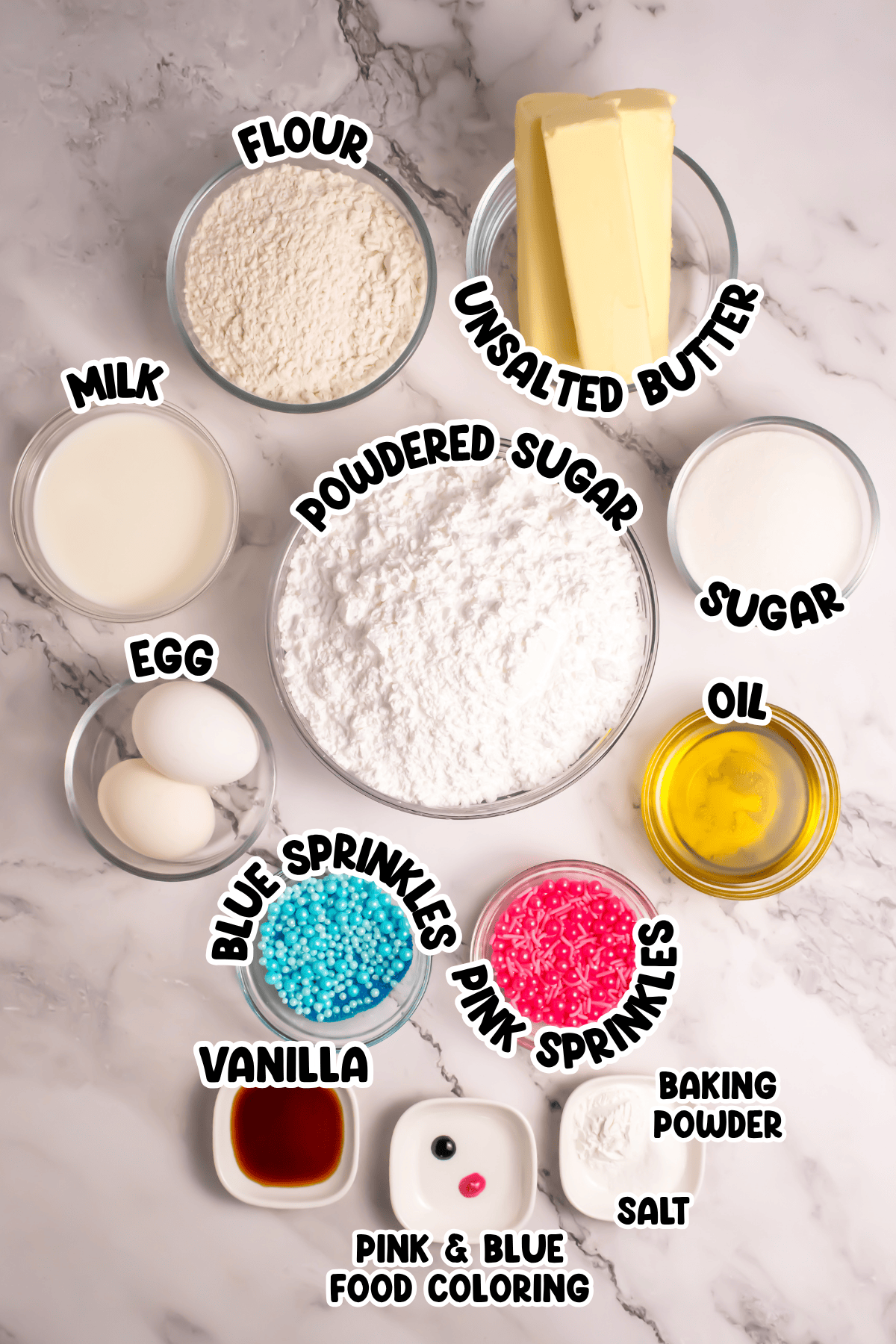 Ingredients for baking cookies labeled in bowls, including flour, sugar, butter, and eggs.