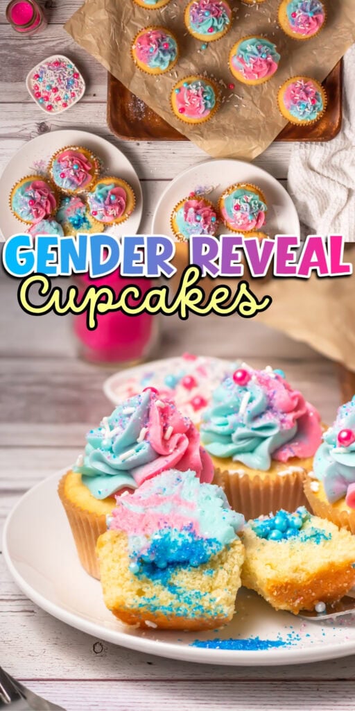 Gender reveal cupcakes topped with pink and blue frosting and sprinkles.